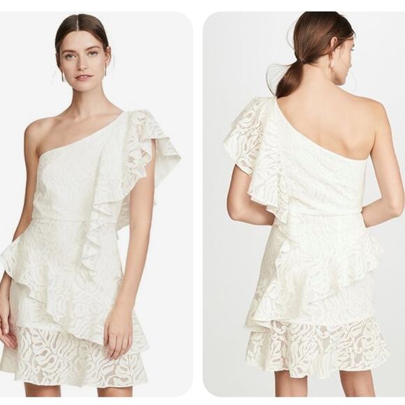 Borgo De Nor Lisa Mini Dress Ivory Lace Tiered Ruffle One Shoulder size US S 4/6 - Picture 1 of 12